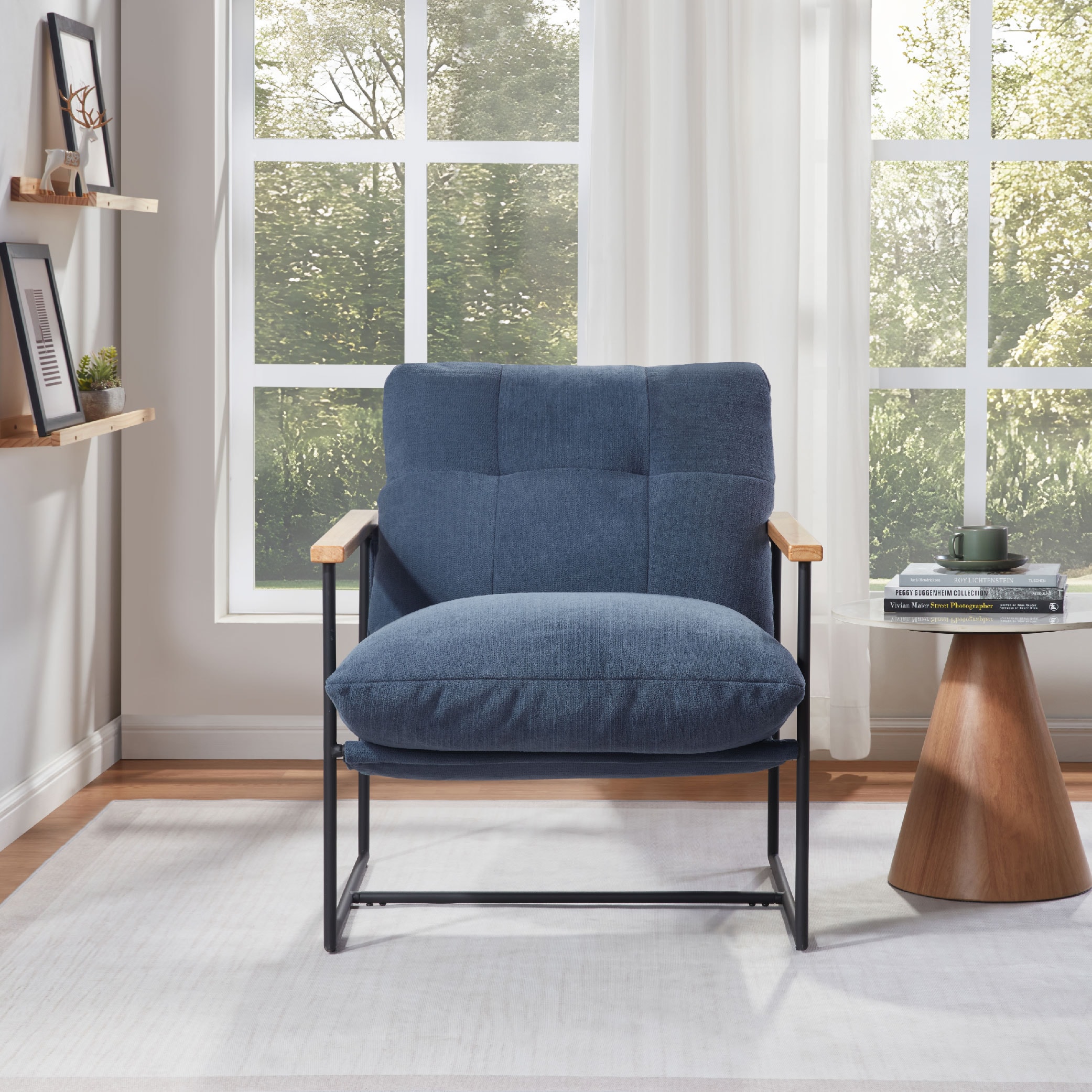 Modern Accent Chair, Comfy Chair With Removable Cushion, Vanity Chair With Wood Armrests For Living Room, Bedroom, Blue_voghion.com